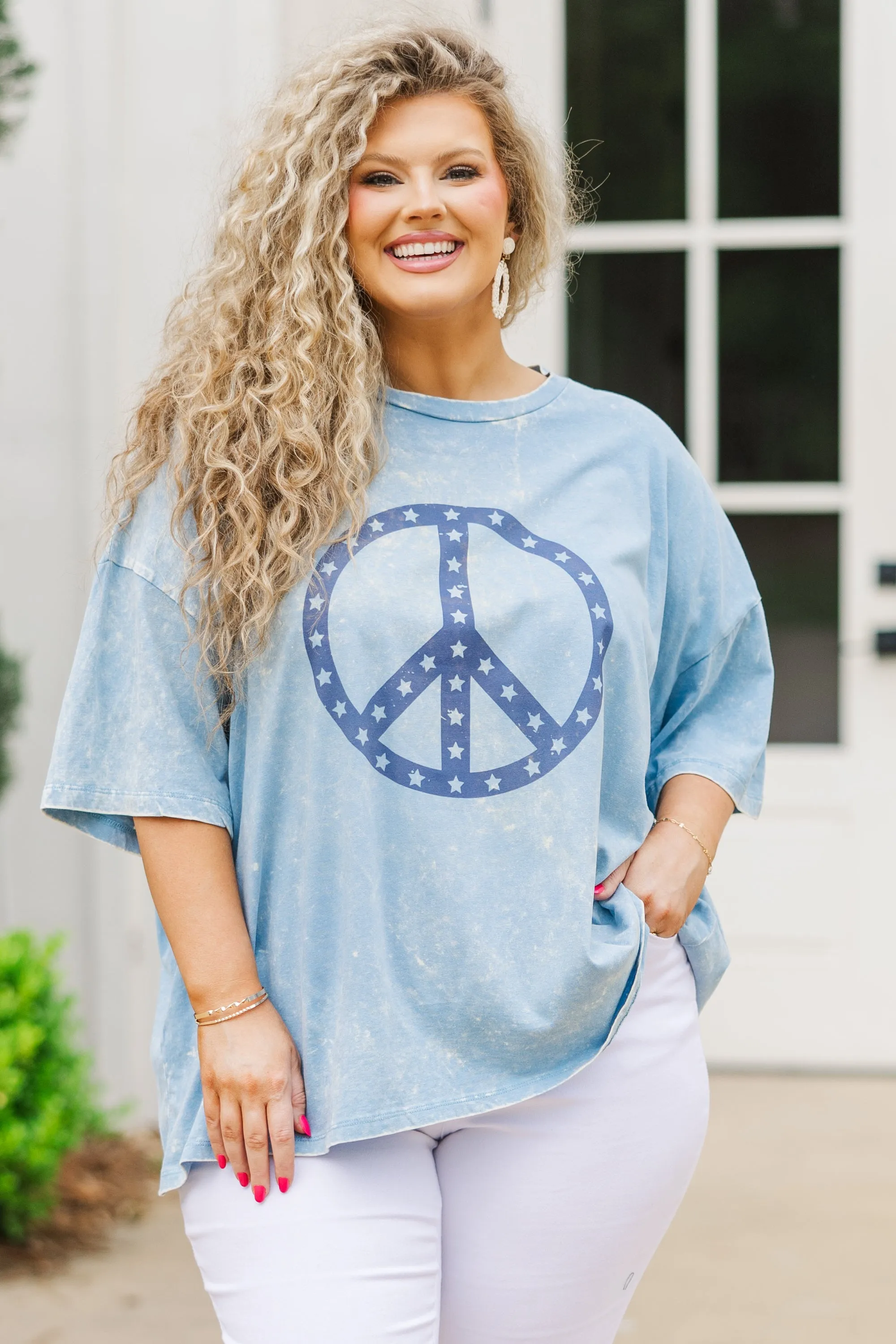 Peace and Love Acid Wash Boyfriend Tee, Ice Blue