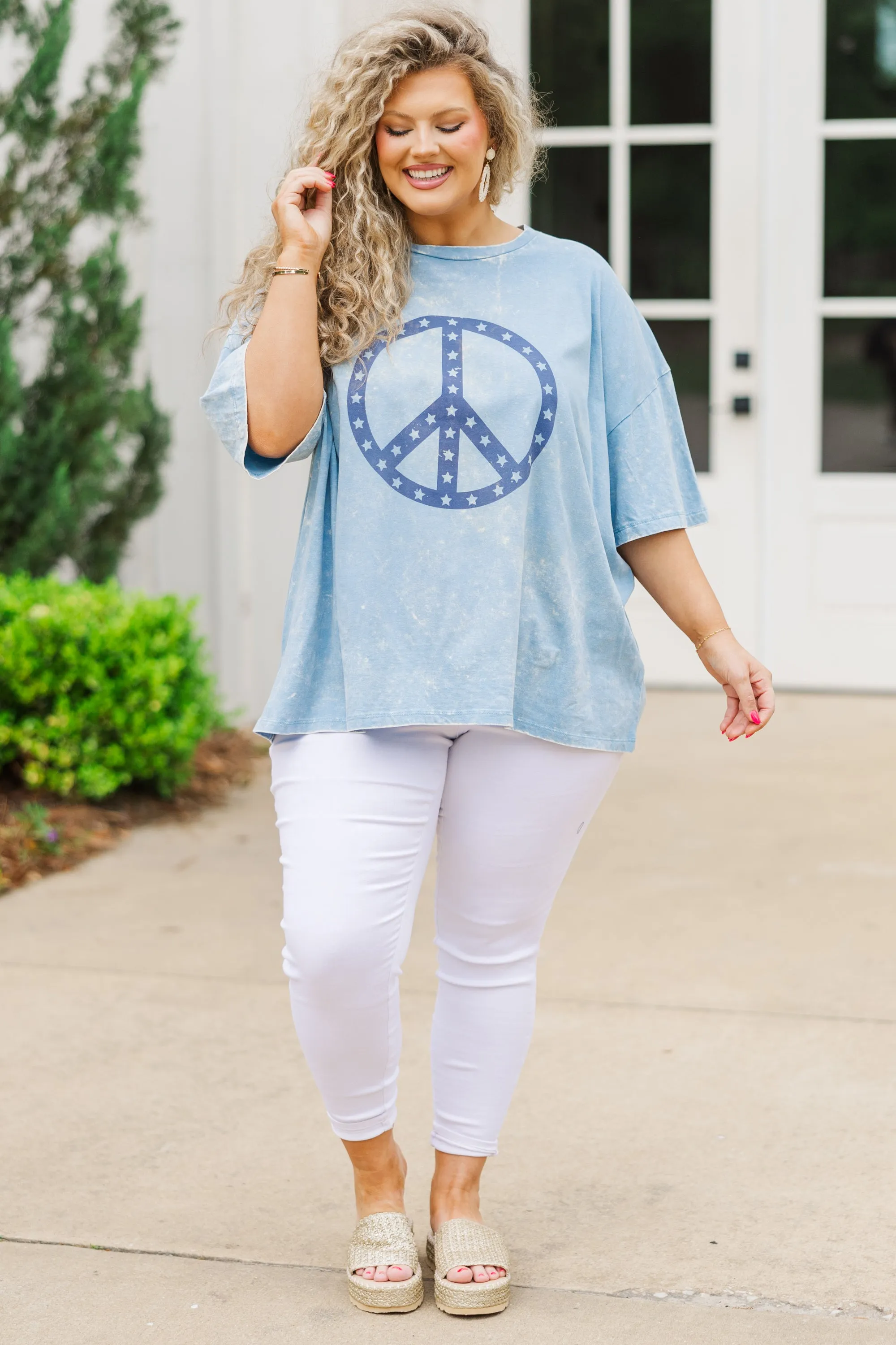 Peace and Love Acid Wash Boyfriend Tee, Ice Blue