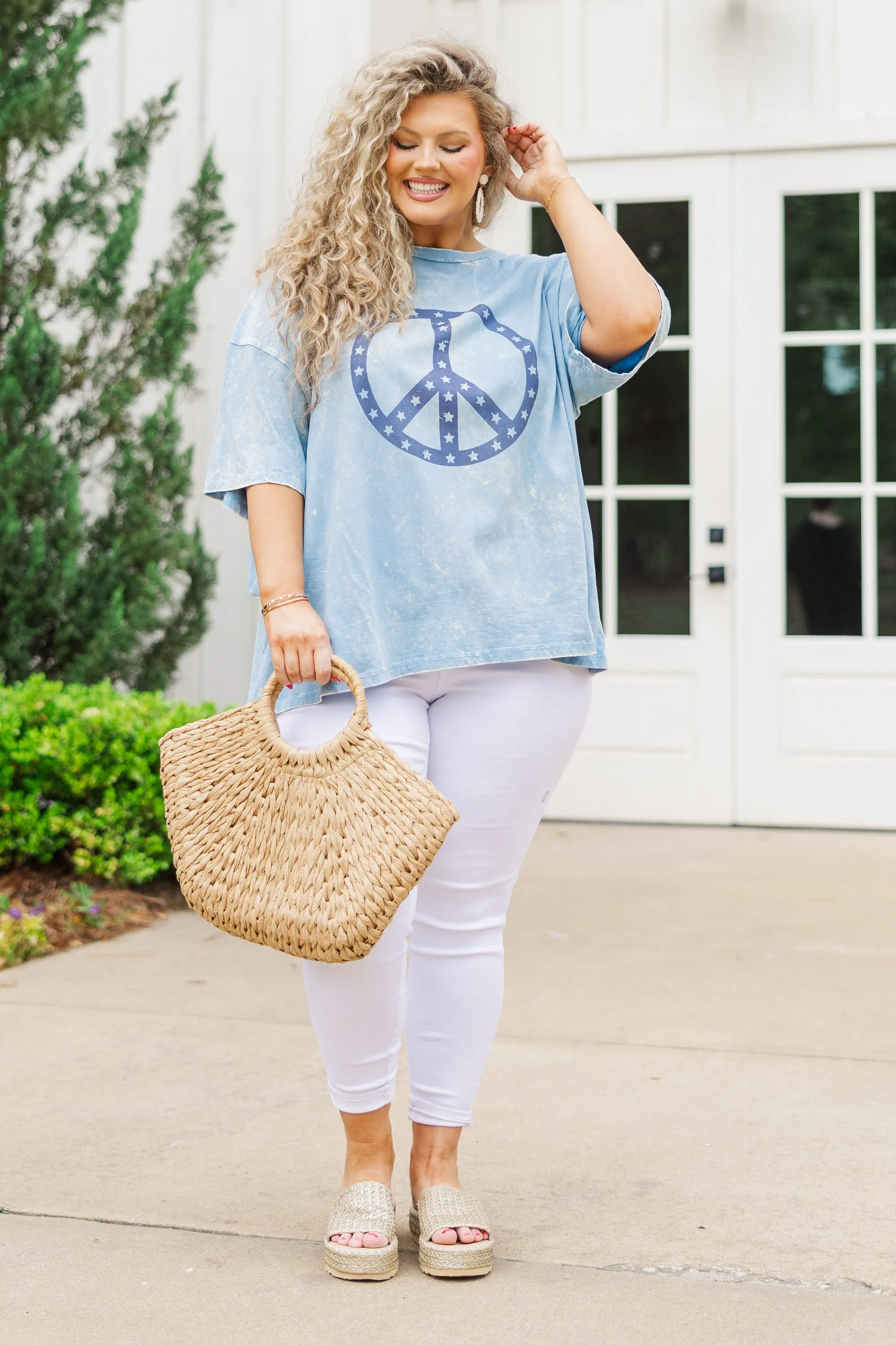 Peace and Love Acid Wash Boyfriend Tee, Ice Blue