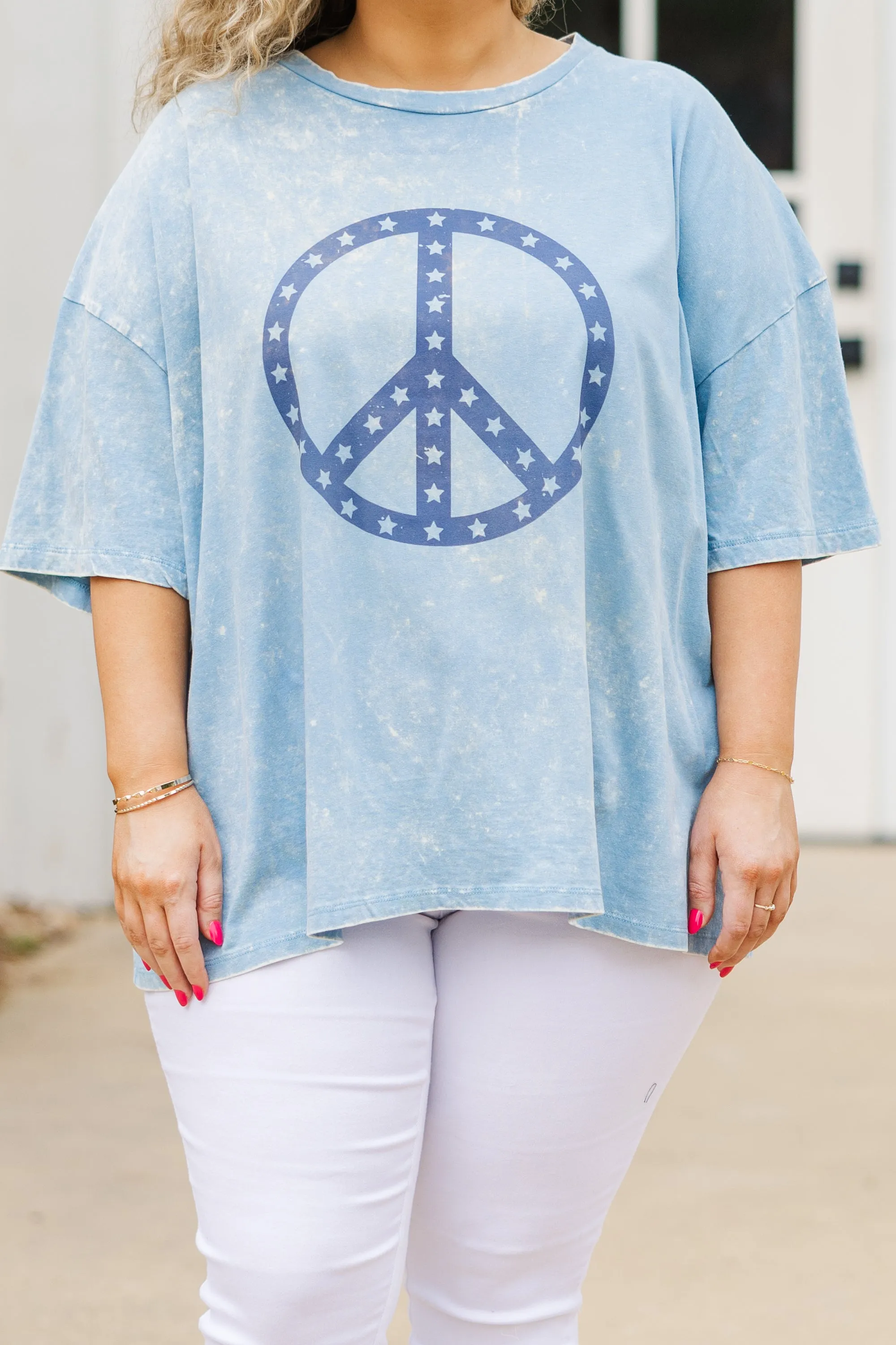 Peace and Love Acid Wash Boyfriend Tee, Ice Blue