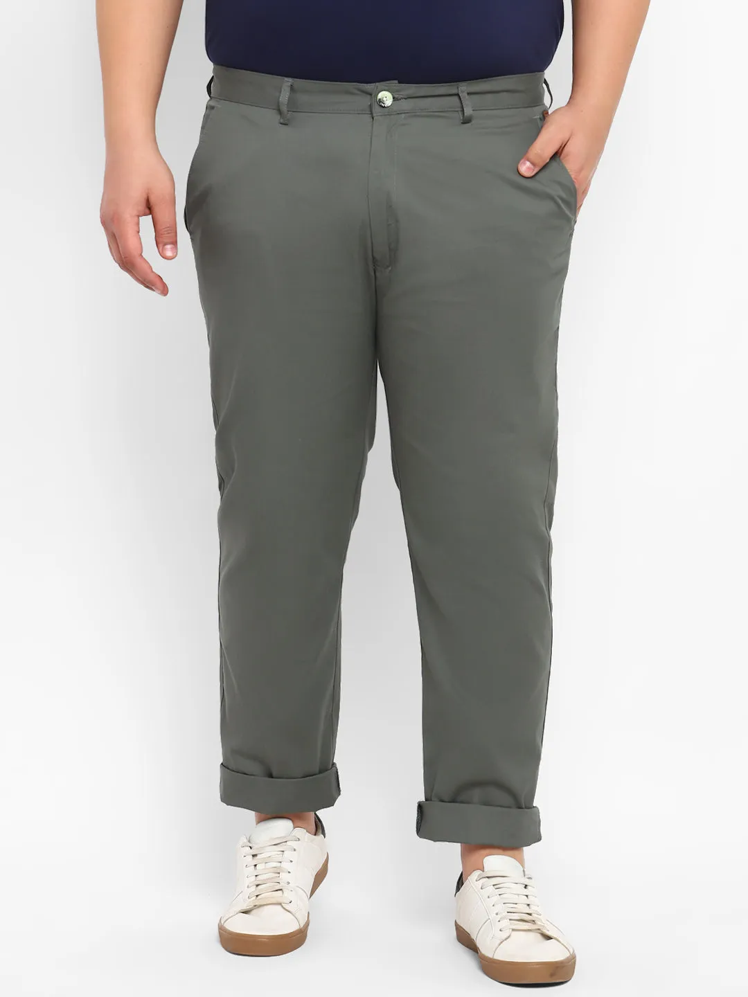 Plus Men's Dark Green Cotton Light Weight Non-Stretch Regular Fit Casual Trousers