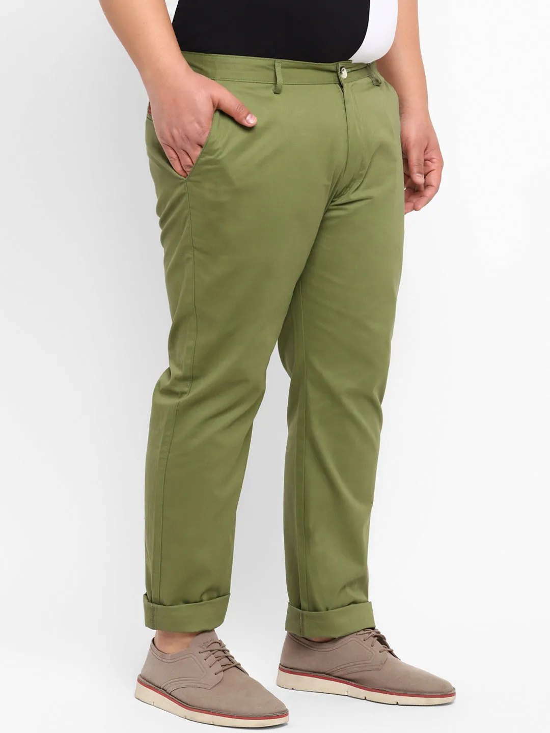 Plus Men's Green Cotton Light Weight Non-Stretch Regular Fit Casual Trousers