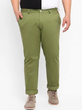 Plus Men's Green Cotton Light Weight Non-Stretch Regular Fit Casual Trousers