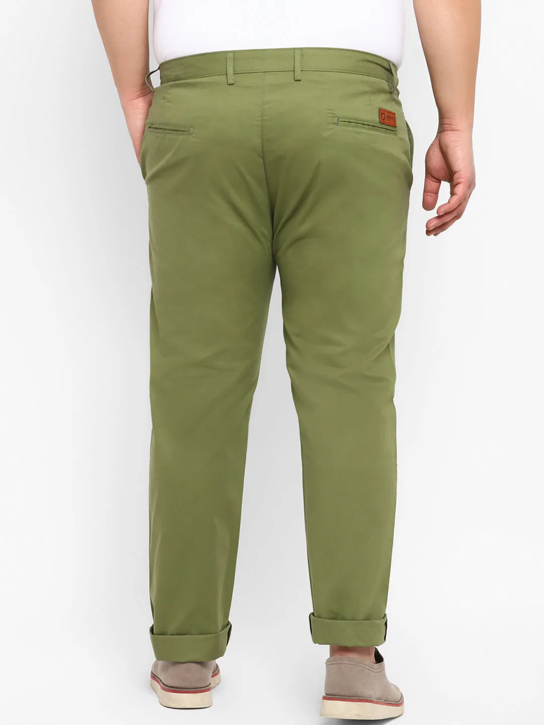 Plus Men's Green Cotton Light Weight Non-Stretch Regular Fit Casual Trousers