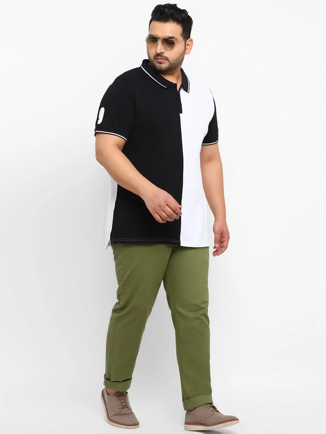 Plus Men's Green Cotton Light Weight Non-Stretch Regular Fit Casual Trousers