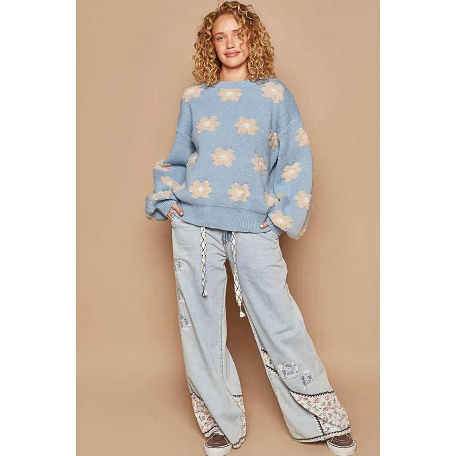 POL Daisy Pattern Drop Shoulder Sweater