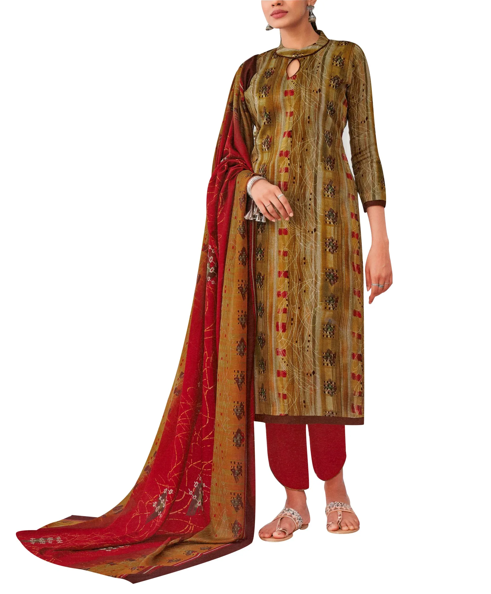 Pure Cotton Long Flair Salwar Kameez Printed with Pants style and Mal Cotton Dupatta