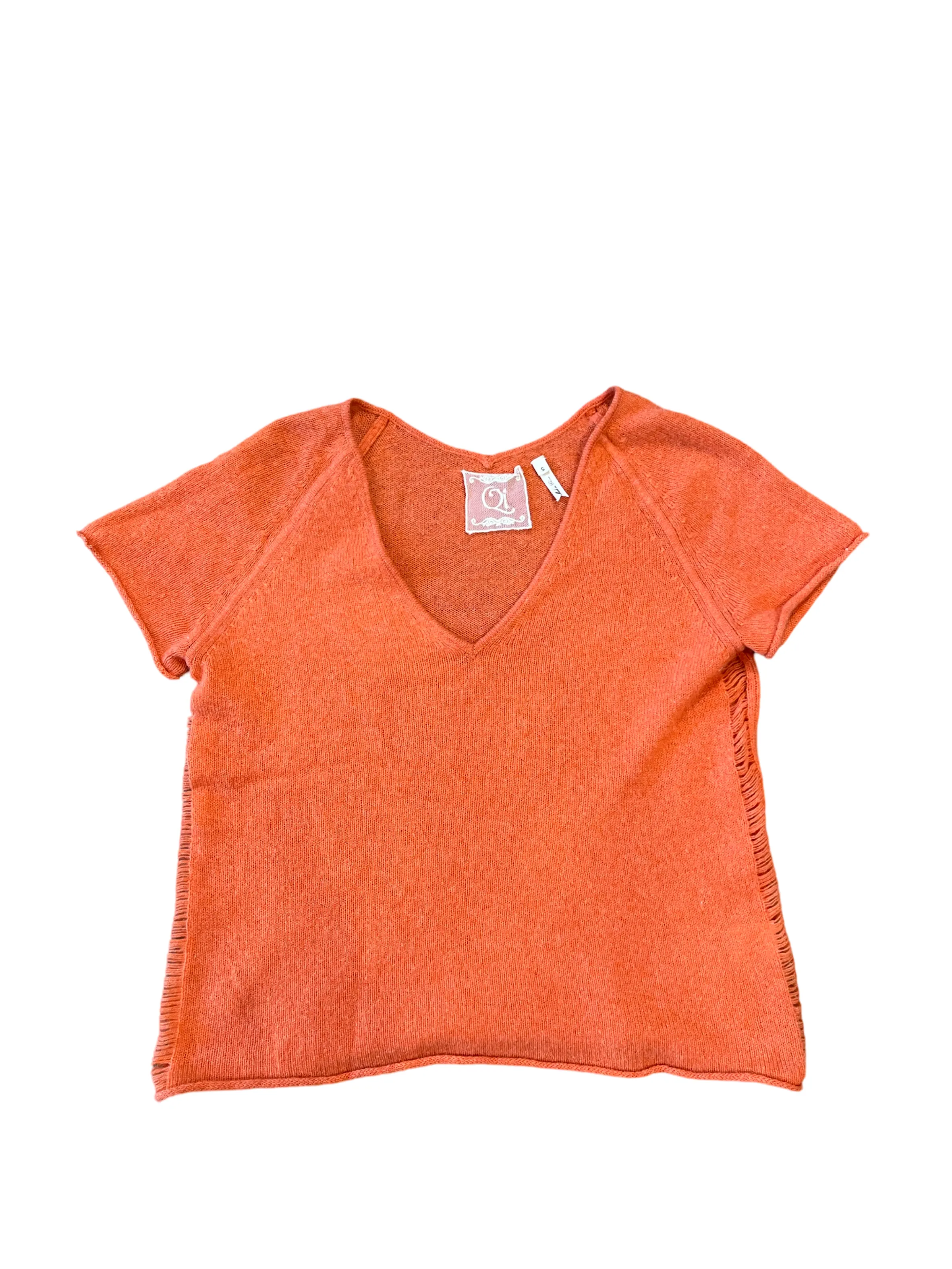 Qi 100% Cashmere  V-neck Orange Short Sleeves Sweater