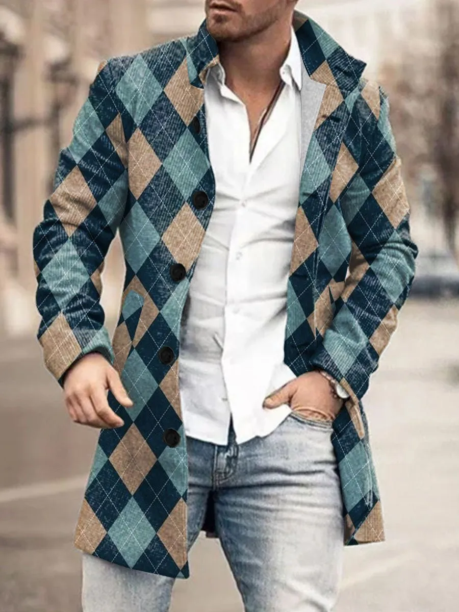 Retro Diamond Check Print Stand Collar Double Pocket Woolen Coat