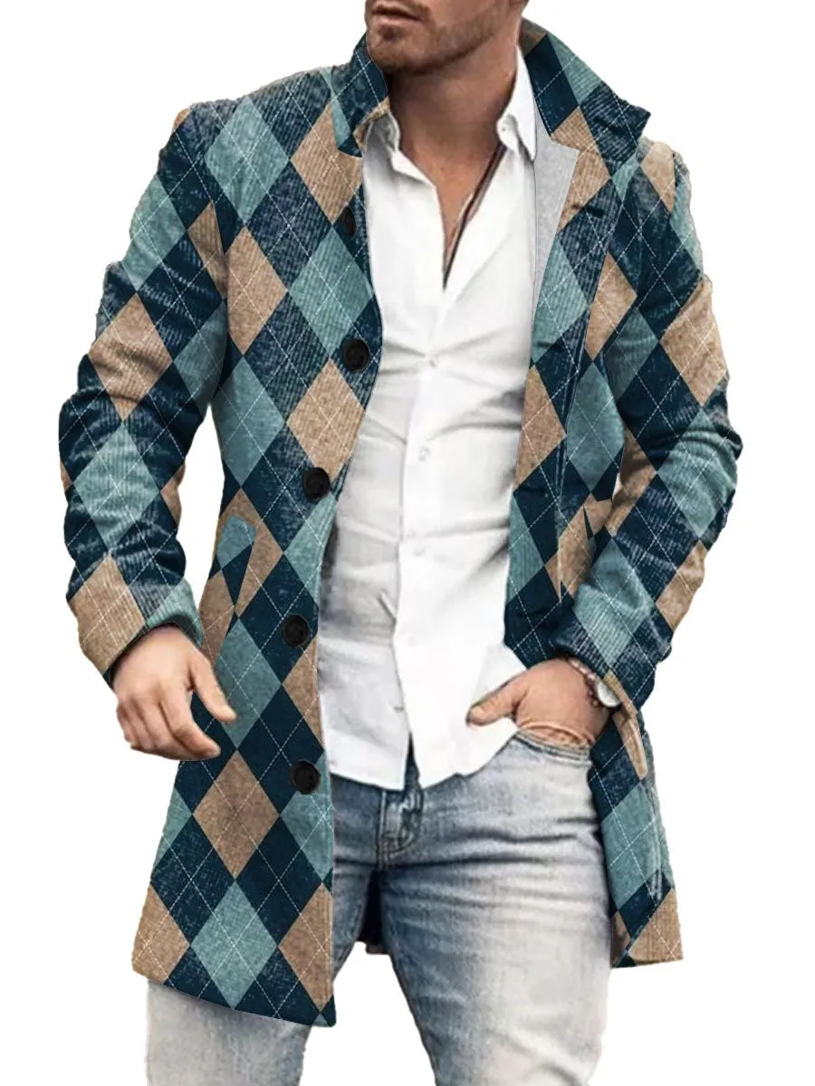 Retro Diamond Check Print Stand Collar Double Pocket Woolen Coat