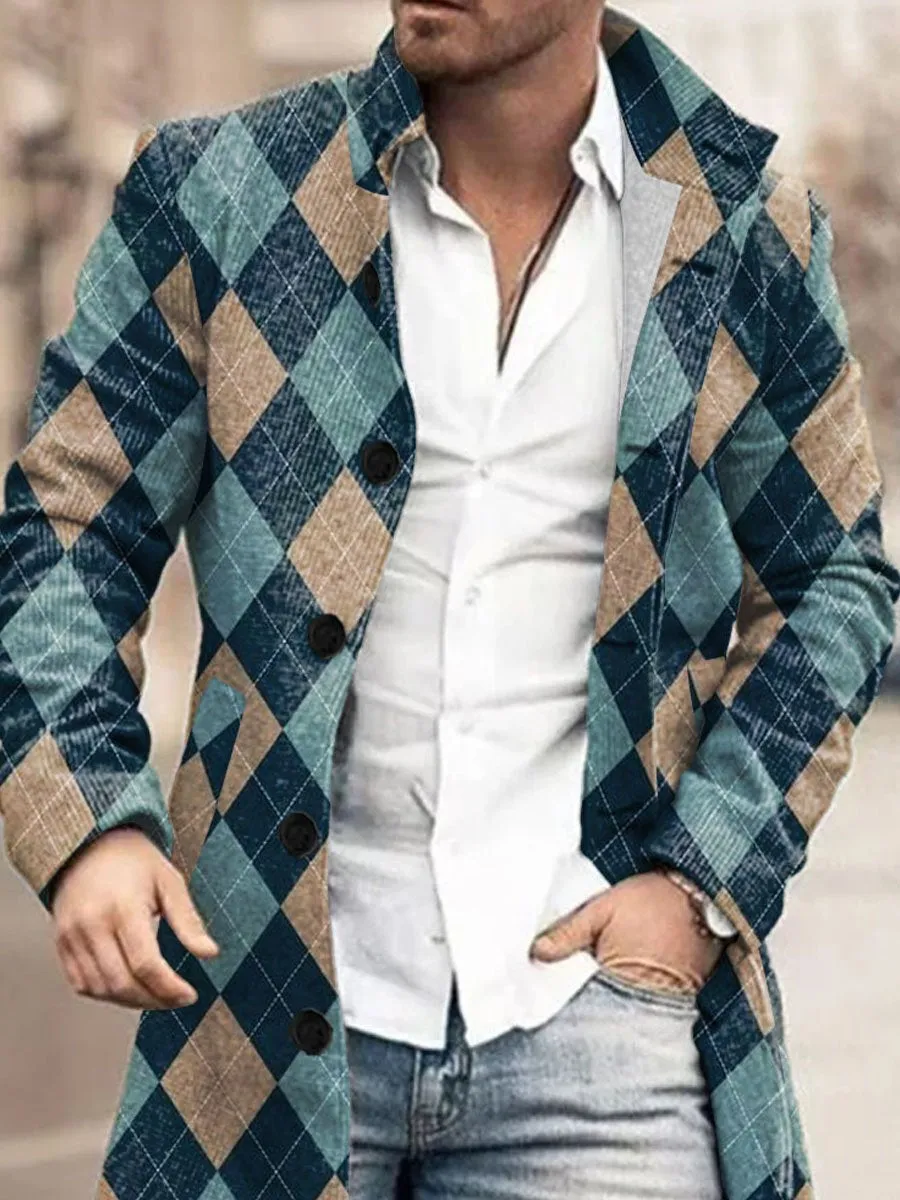 Retro Diamond Check Print Stand Collar Double Pocket Woolen Coat