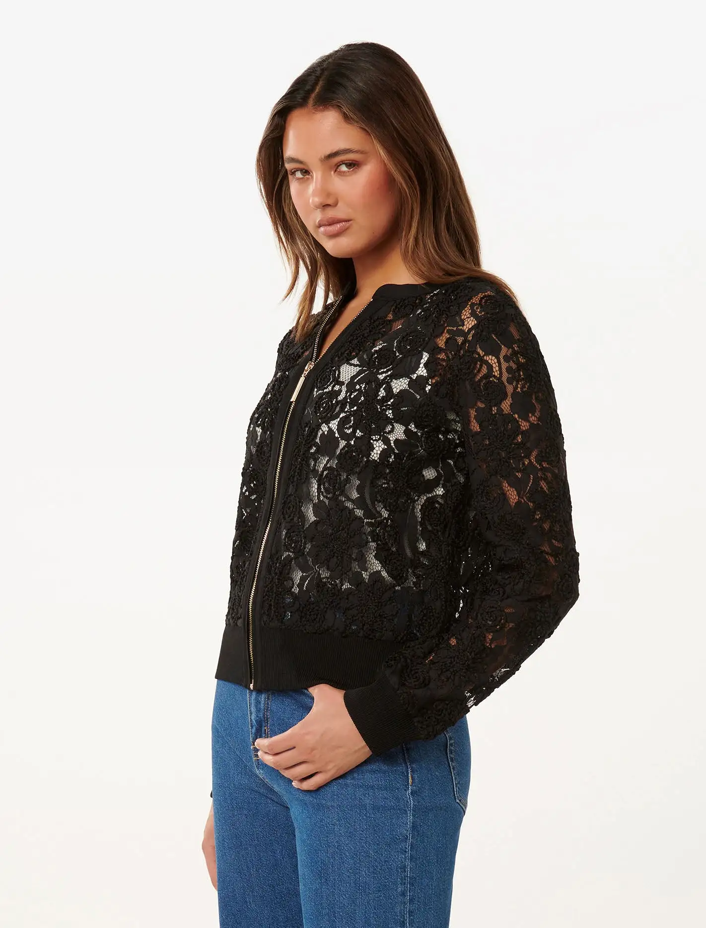 Riley Lace Mixed Knit Bomber Cardigan