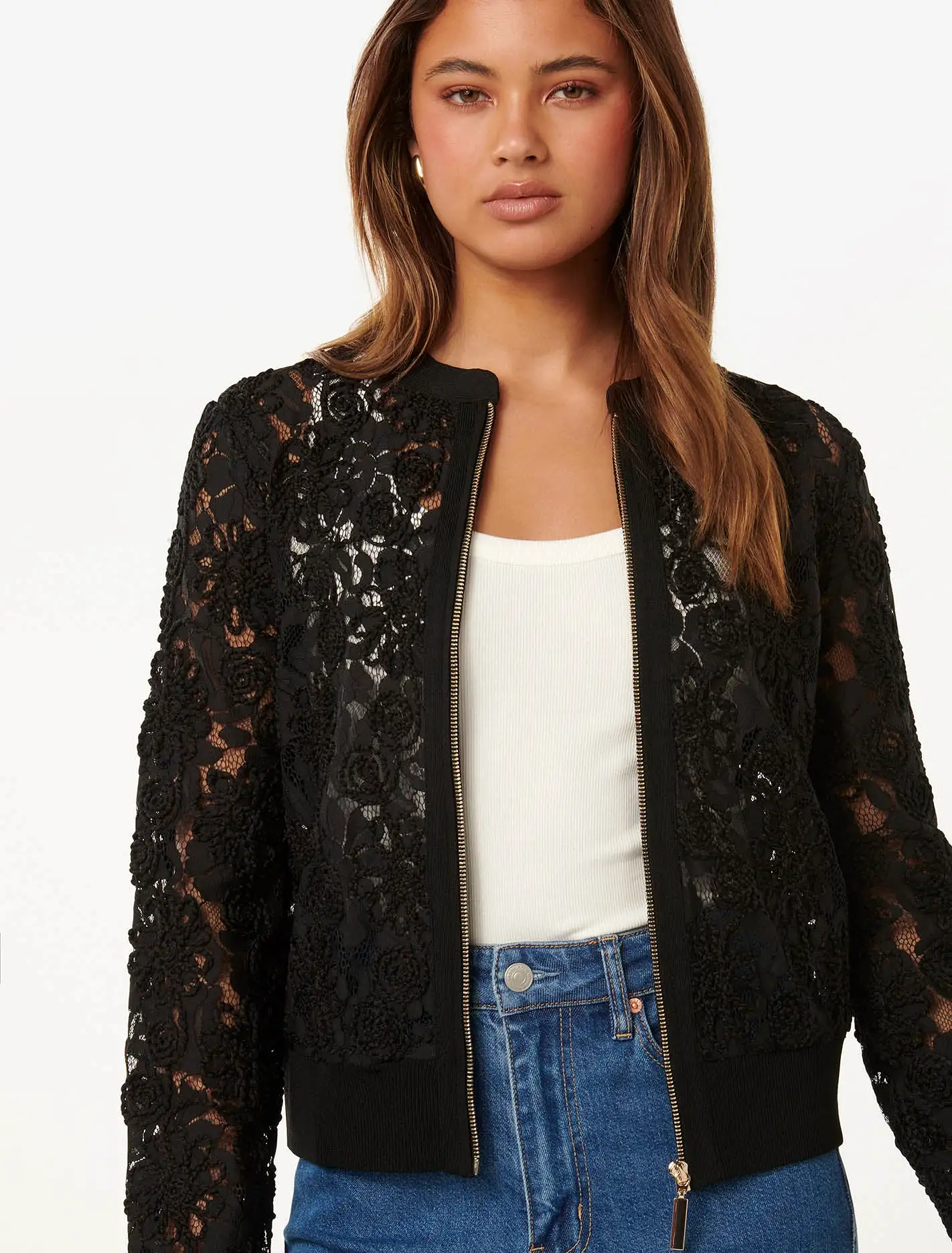 Riley Lace Mixed Knit Bomber Cardigan