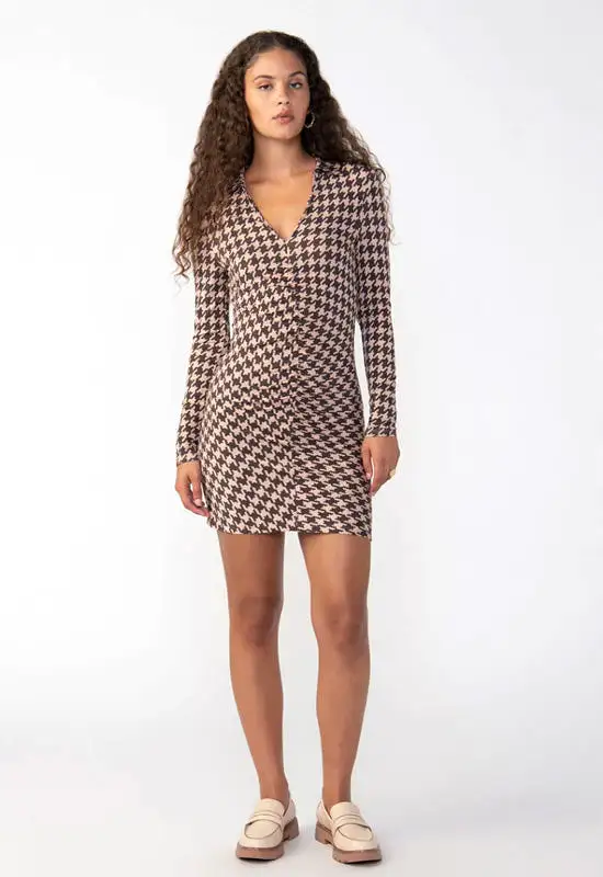 Sanctuary - Ruched Knit Dress Java Houndstooth