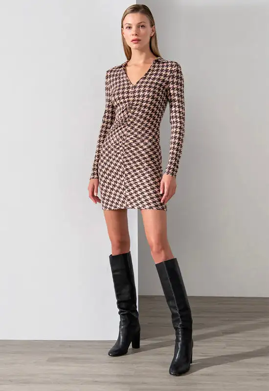 Sanctuary - Ruched Knit Dress Java Houndstooth