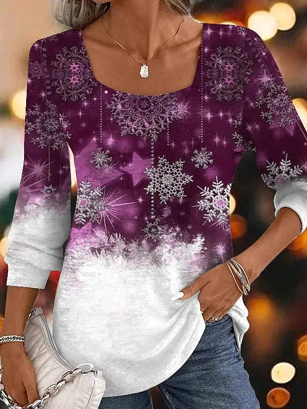 Snowflake Print Long Sleeve T-shirt for Weekend Festivals