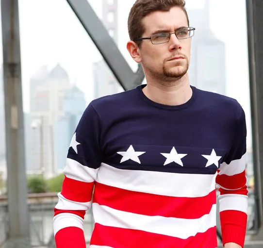 Stars and Stripes Pullover Sweater for Men with Round Collar