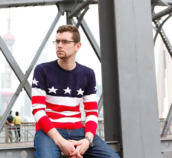 Stars and Stripes Pullover Sweater for Men with Round Collar