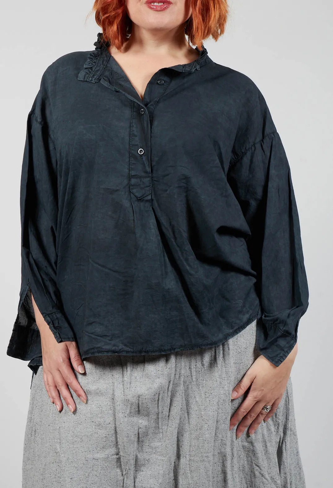 Stonewash Ruffled Highneck Half Button Shirt