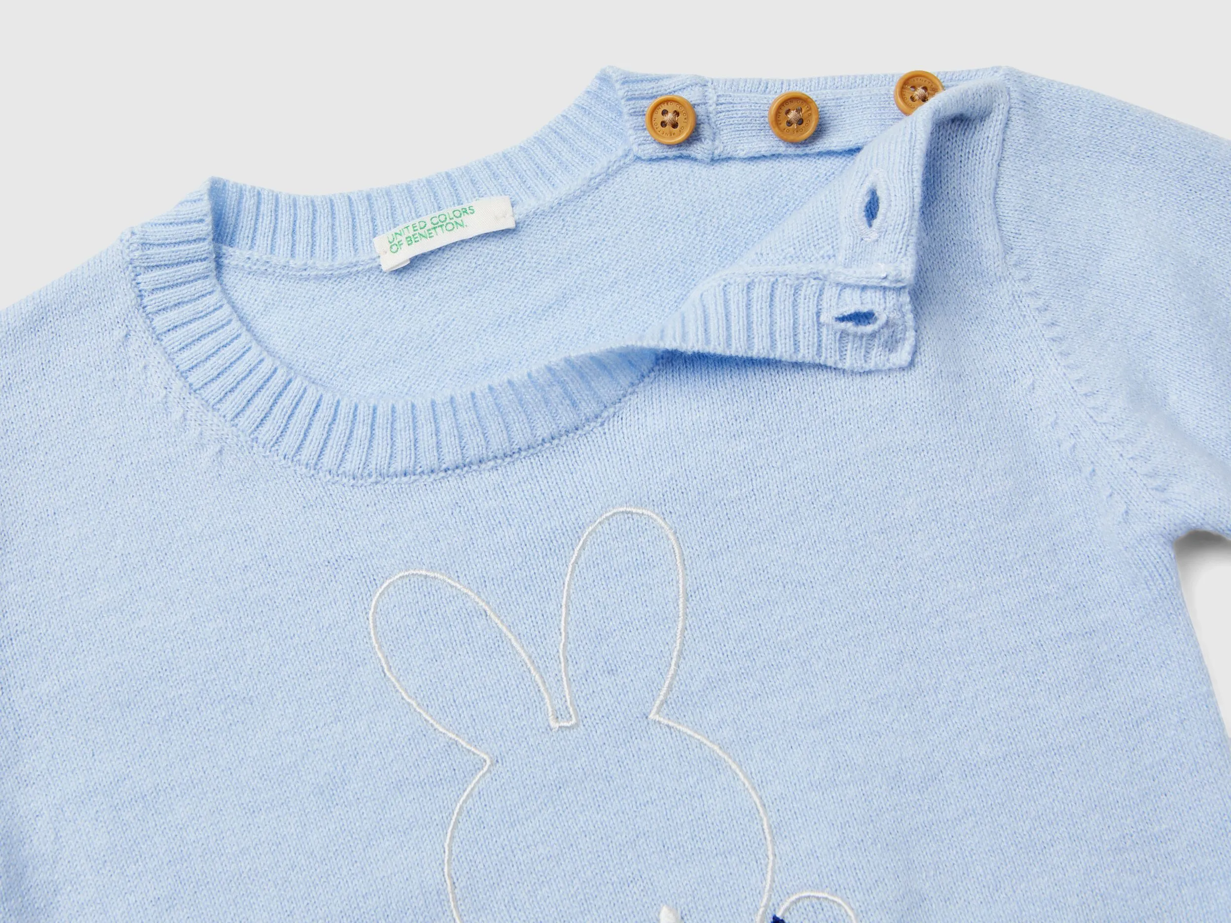 Sweater in wool blend with embroidery - Sky Blue | Benetton