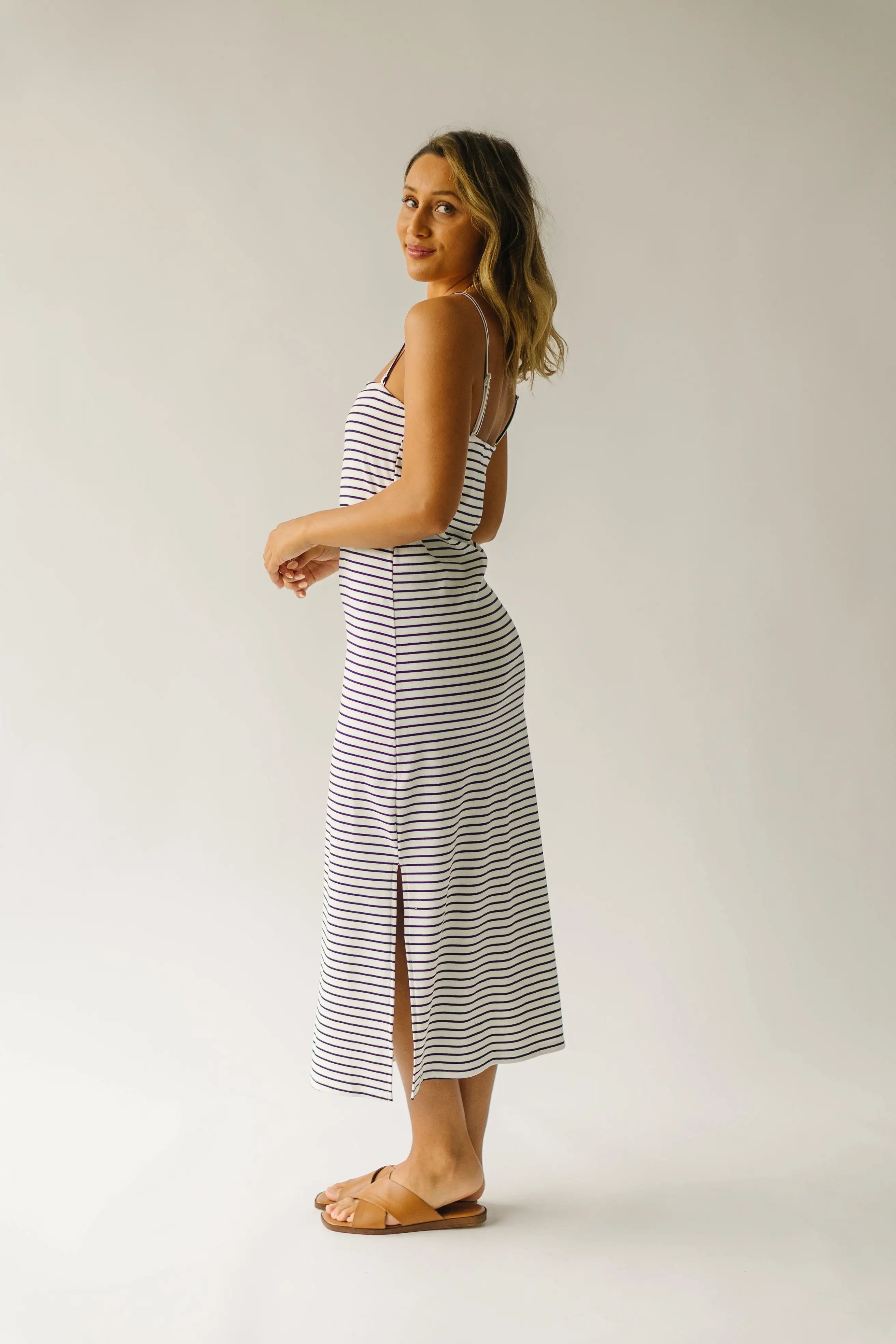 The Garber Knit Tank Midi Dress in Ivory + Navy Stripe