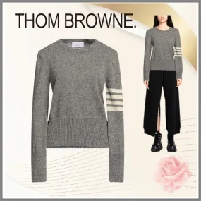 THOM BROWNE  |Crew Neck Wool Long Sleeves Plain Logo V-neck & Crew neck