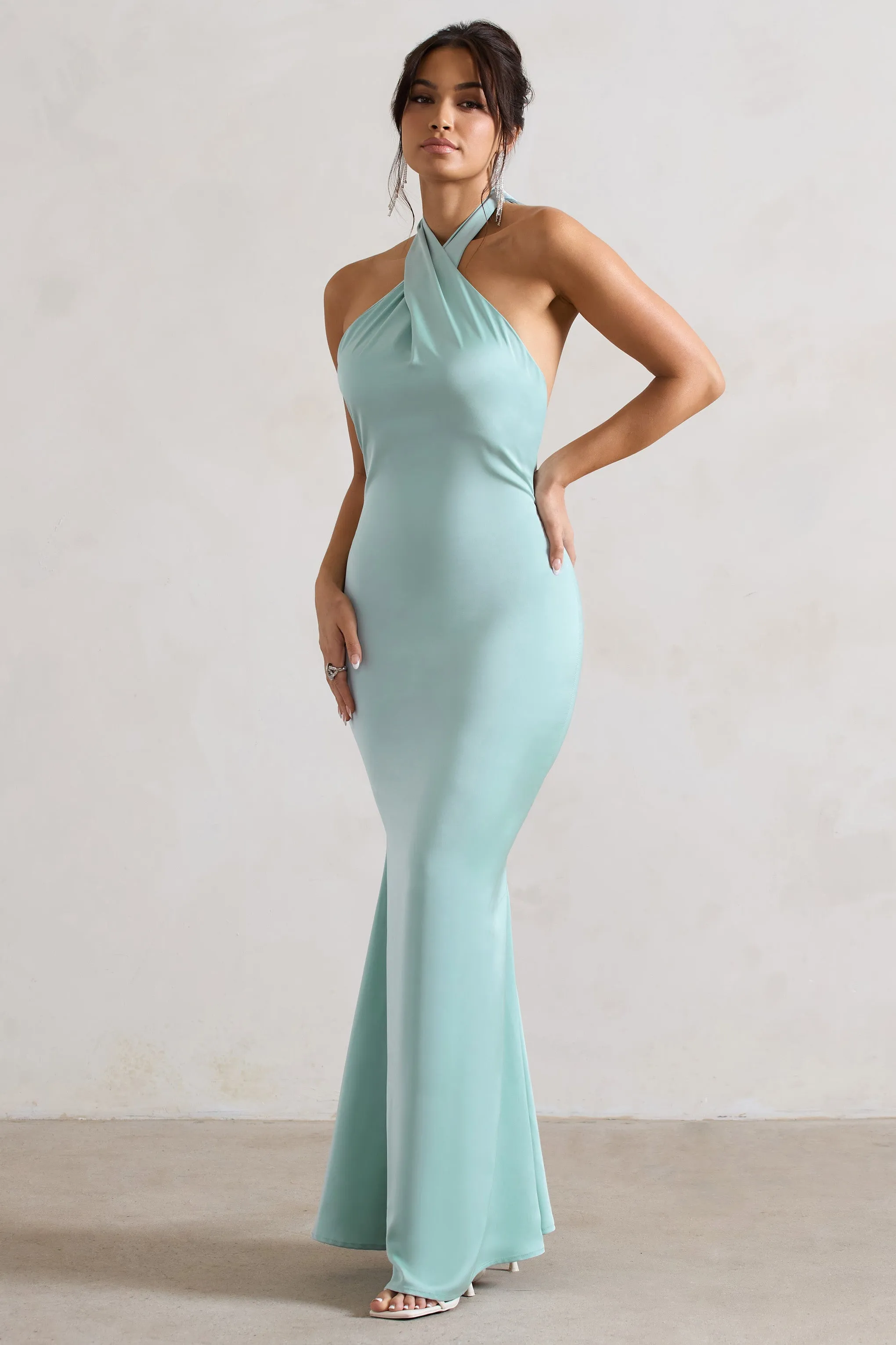 Unbeatable | Mint Green Satin Cross Over Halter-Neck Maxi Dress