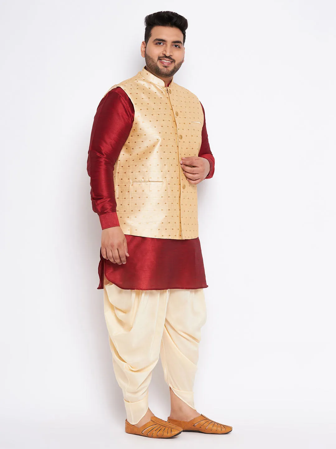 VASTRAMAY Men's Plus Size Gold Zari Weaved Nehru Jacket With Curved Kurta Dhoti set