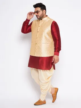 VASTRAMAY Men's Plus Size Gold Zari Weaved Nehru Jacket With Curved Kurta Dhoti set