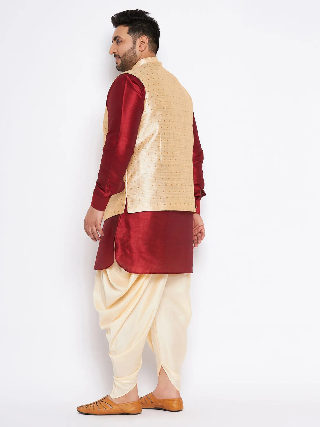 VASTRAMAY Men's Plus Size Gold Zari Weaved Nehru Jacket With Curved Kurta Dhoti set