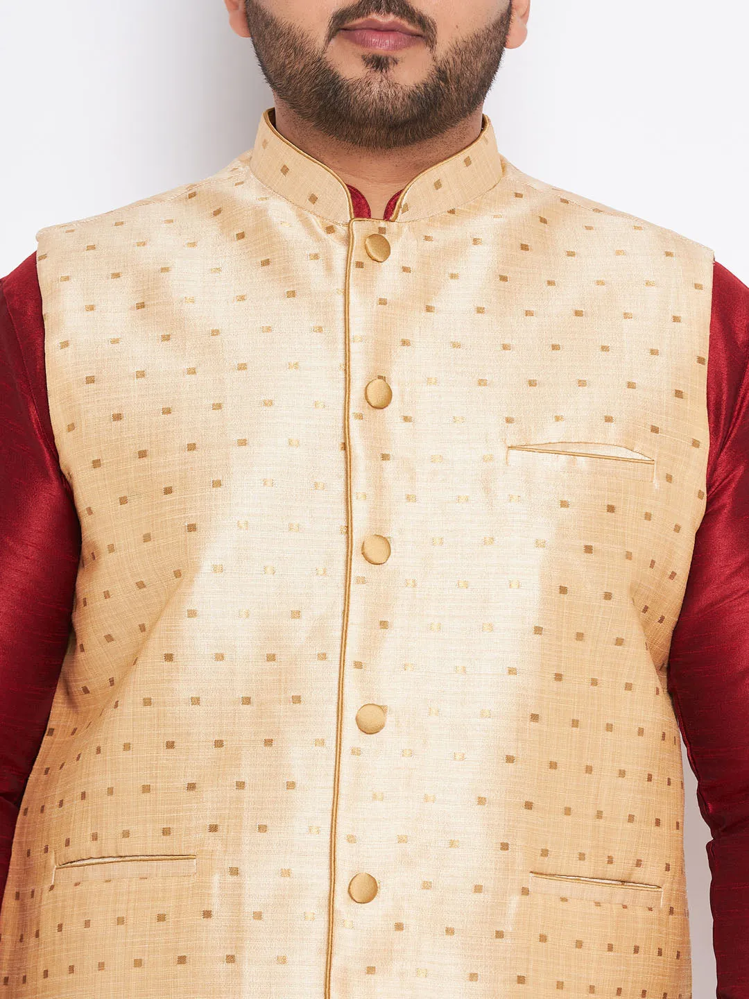 VASTRAMAY Men's Plus Size Gold Zari Weaved Nehru Jacket With Curved Kurta Dhoti set