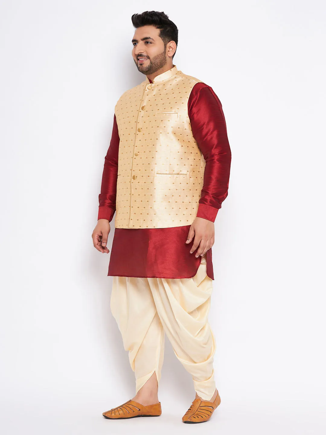 VASTRAMAY Men's Plus Size Gold Zari Weaved Nehru Jacket With Curved Kurta Dhoti set