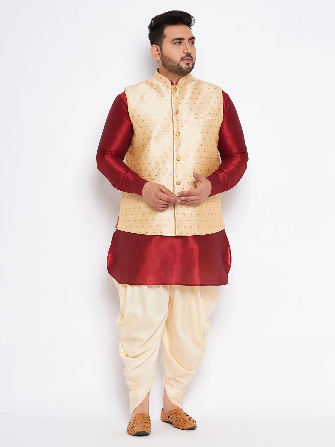 VASTRAMAY Men's Plus Size Gold Zari Weaved Nehru Jacket With Curved Kurta Dhoti set