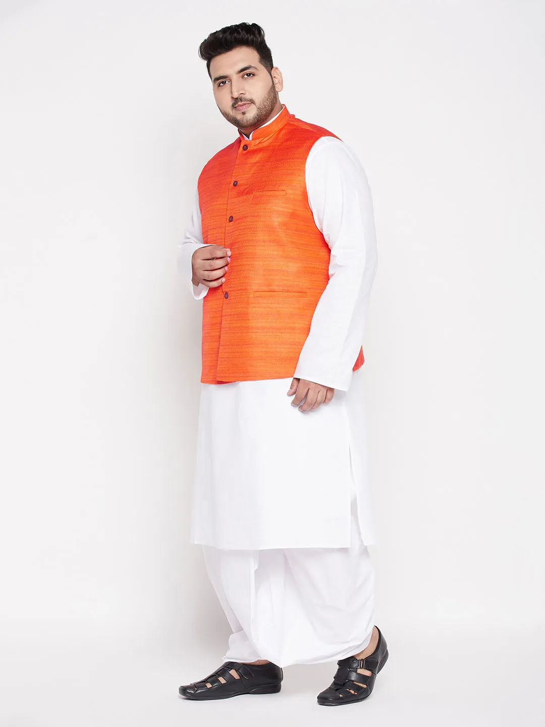 VASTRAMAY Men's Plus Size Orange Cotton Blend Jacket With White Kurta And Dhoti Set