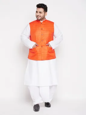 VASTRAMAY Men's Plus Size Orange Cotton Blend Jacket With White Kurta And Dhoti Set