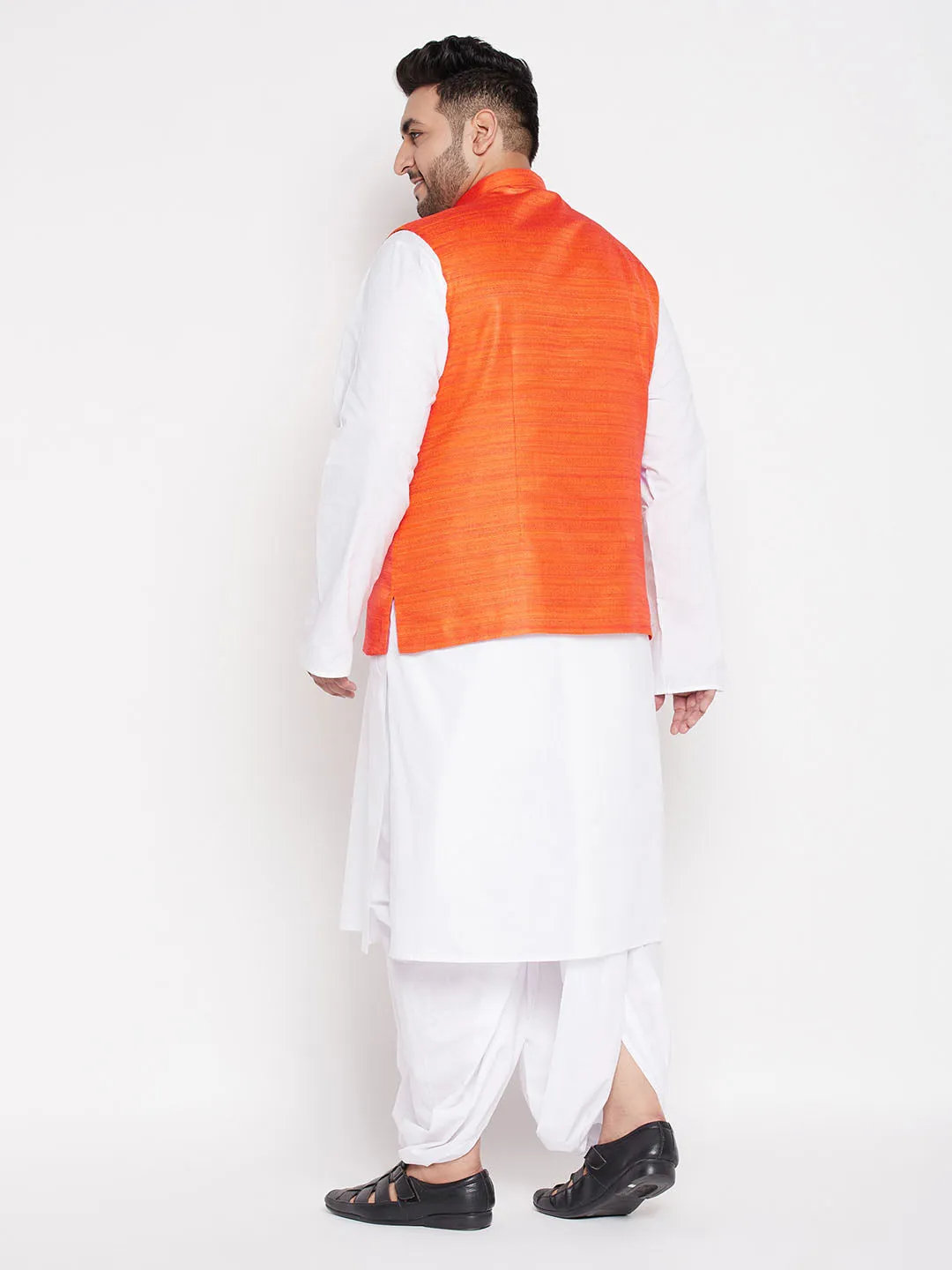 VASTRAMAY Men's Plus Size Orange Cotton Blend Jacket With White Kurta And Dhoti Set