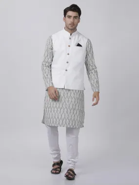 VASTRAMAY Men's White Cotton Blend Ethnic Jacket, Kurta With Pajama Set