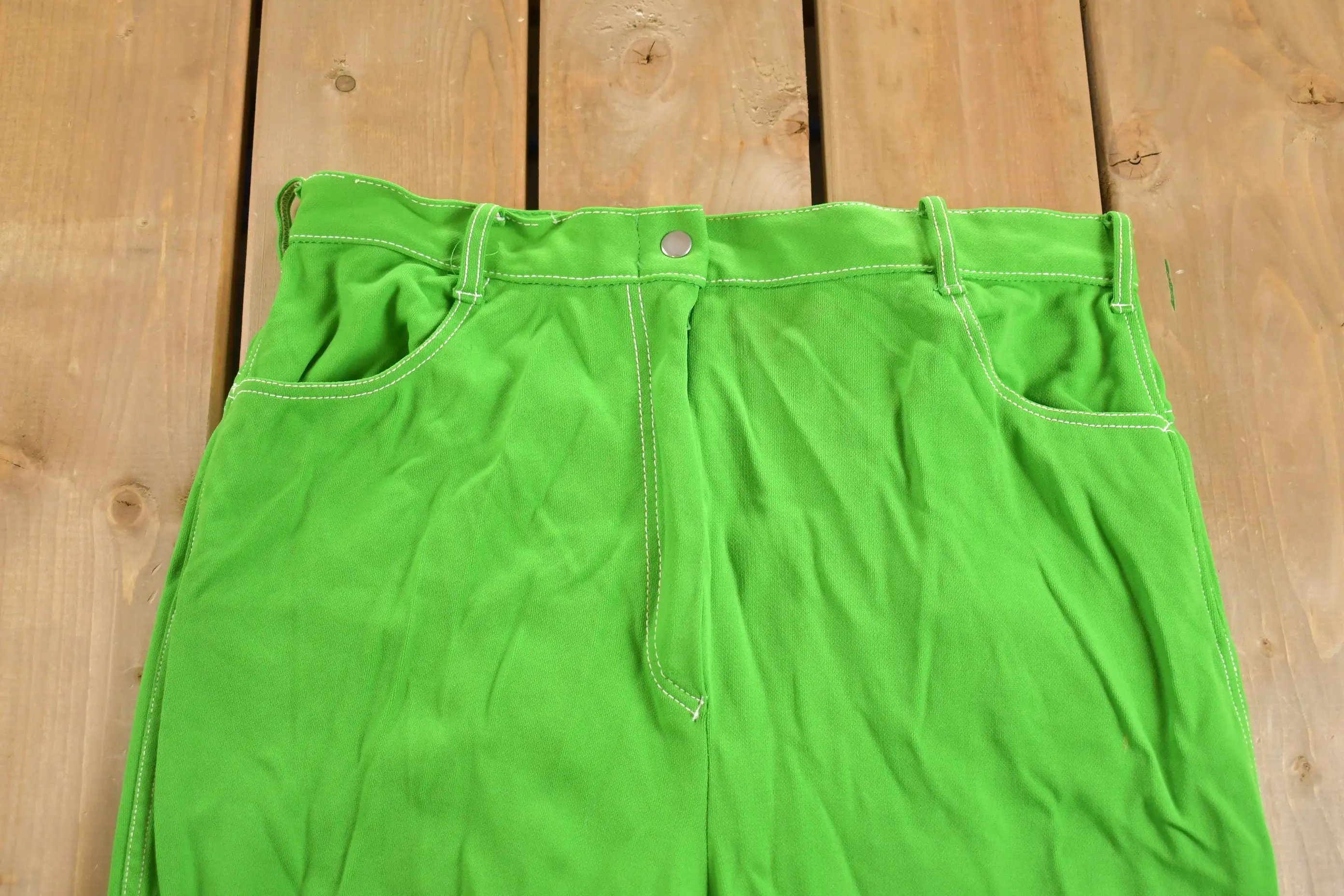 Vintage 1970s Neon Green Flared Trousers Size 32 x 29 / 70s Pants / Contrast Stitching / True Vintage Sears / Slacks / Polyester