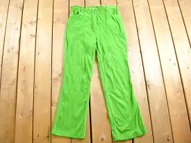 Vintage 1970s Neon Green Flared Trousers Size 32 x 29 / 70s Pants / Contrast Stitching / True Vintage Sears / Slacks / Polyester