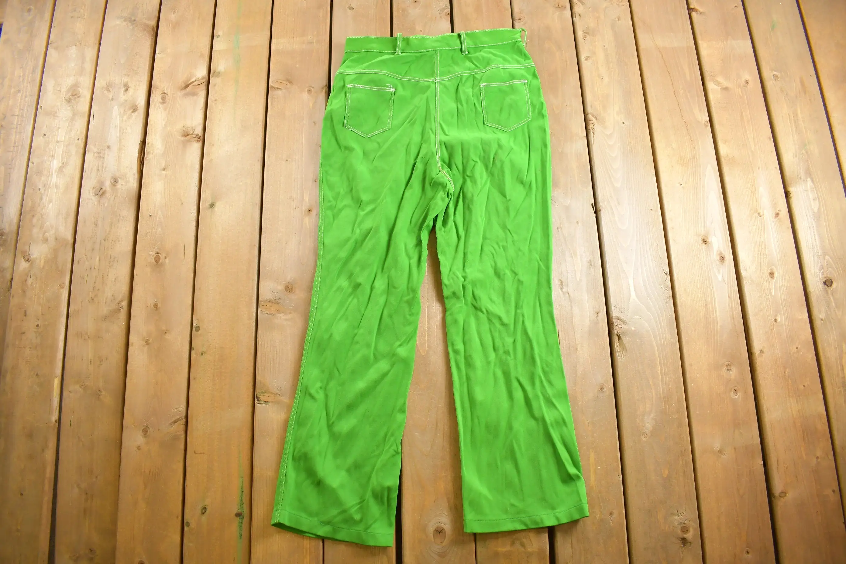 Vintage 1970s Neon Green Flared Trousers Size 32 x 29 / 70s Pants / Contrast Stitching / True Vintage Sears / Slacks / Polyester