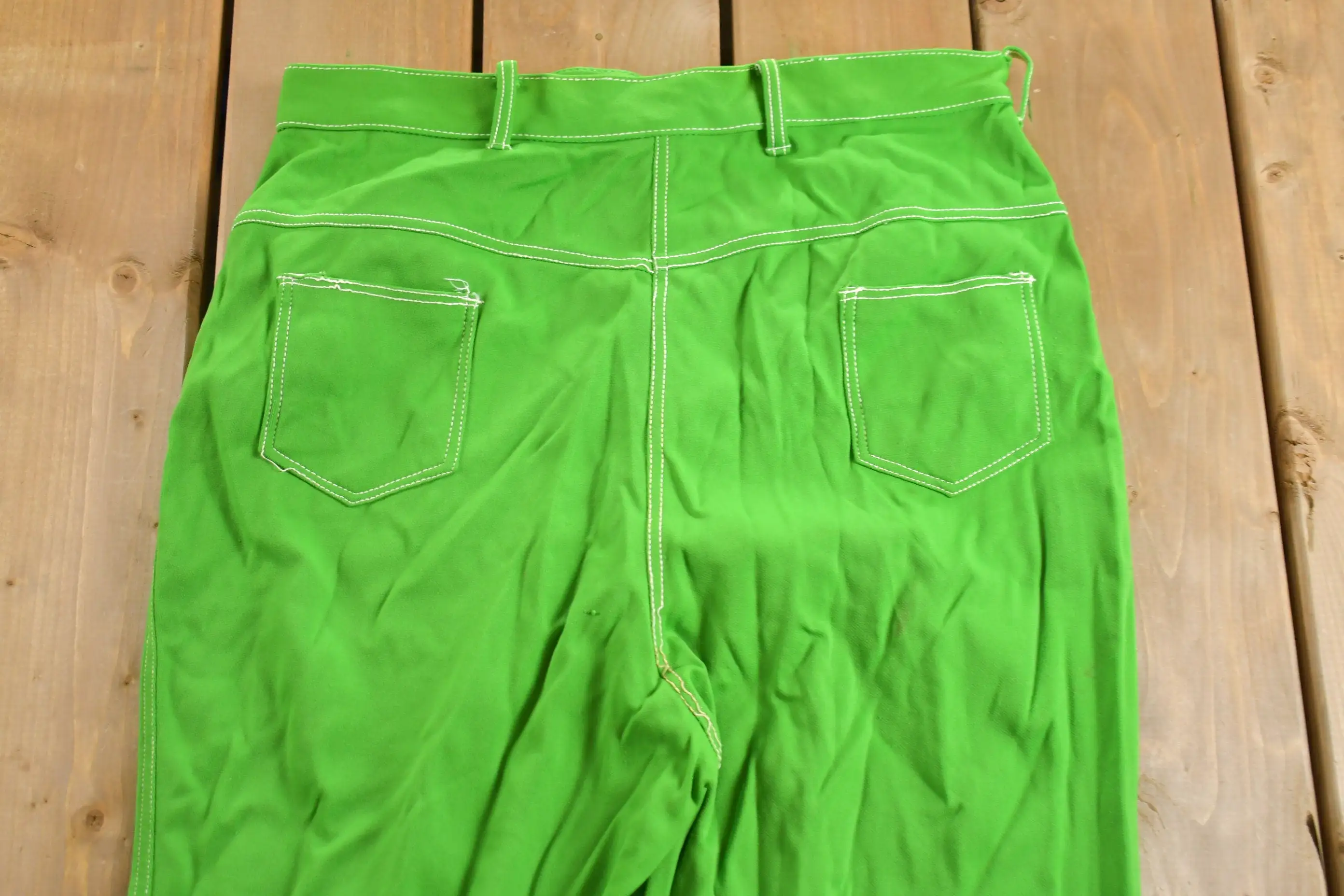 Vintage 1970s Neon Green Flared Trousers Size 32 x 29 / 70s Pants / Contrast Stitching / True Vintage Sears / Slacks / Polyester