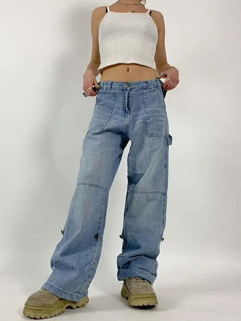 Women Baggy Denim Cargo Jeans High Waist Vintage Hollow Out Long Pants Streetwear Harajuku Straight Legs Blue Trousers