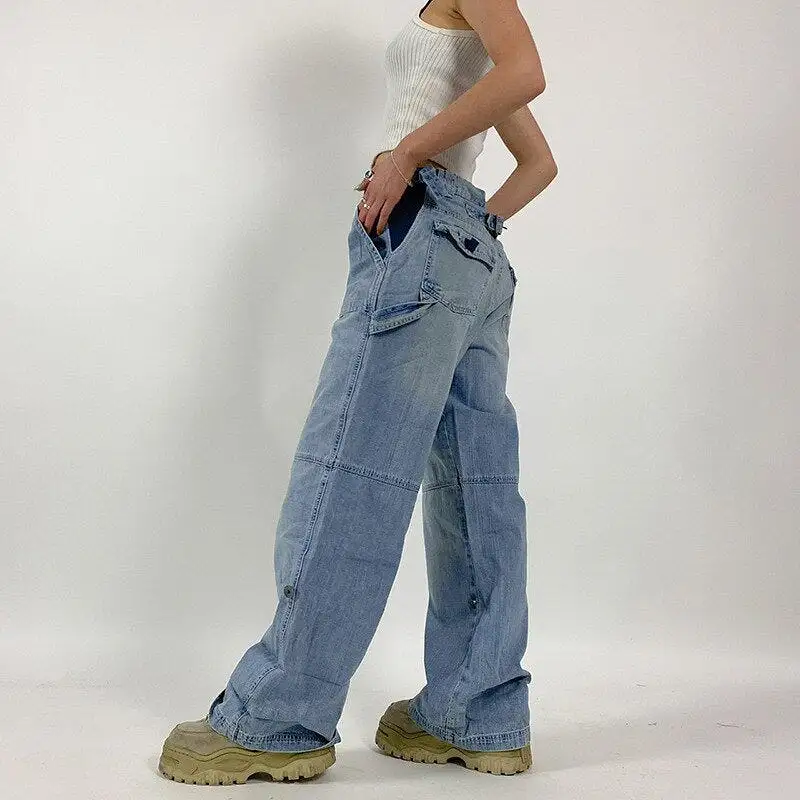 Women Baggy Denim Cargo Jeans High Waist Vintage Hollow Out Long Pants Streetwear Harajuku Straight Legs Blue Trousers