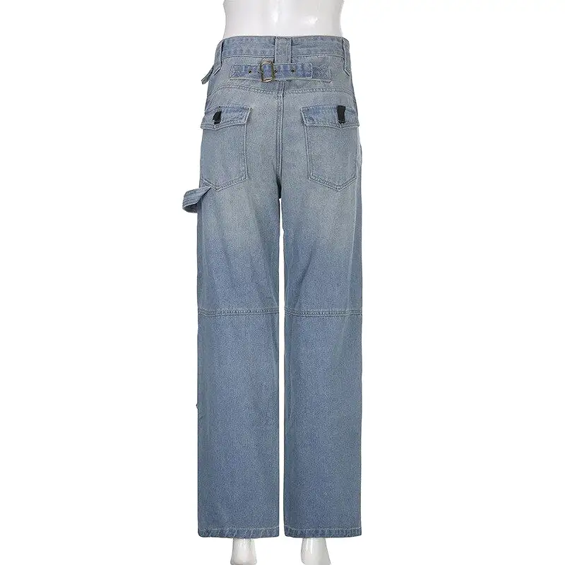 Women Baggy Denim Cargo Jeans High Waist Vintage Hollow Out Long Pants Streetwear Harajuku Straight Legs Blue Trousers