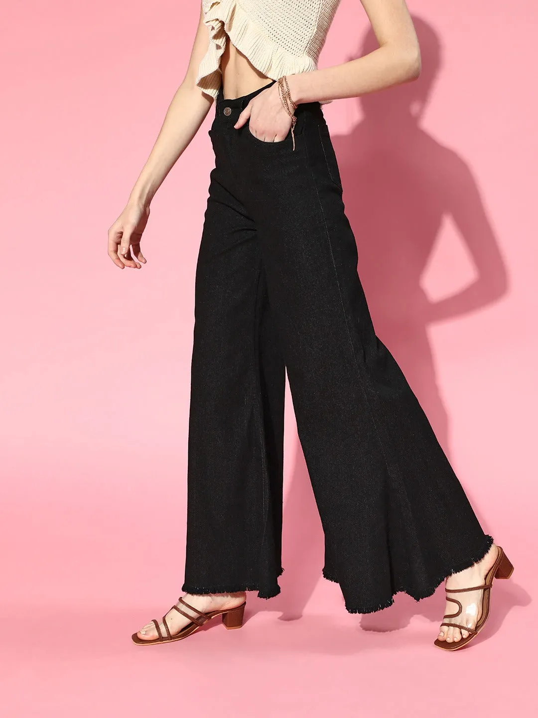 Women Black Wide Leg Flared Jeans