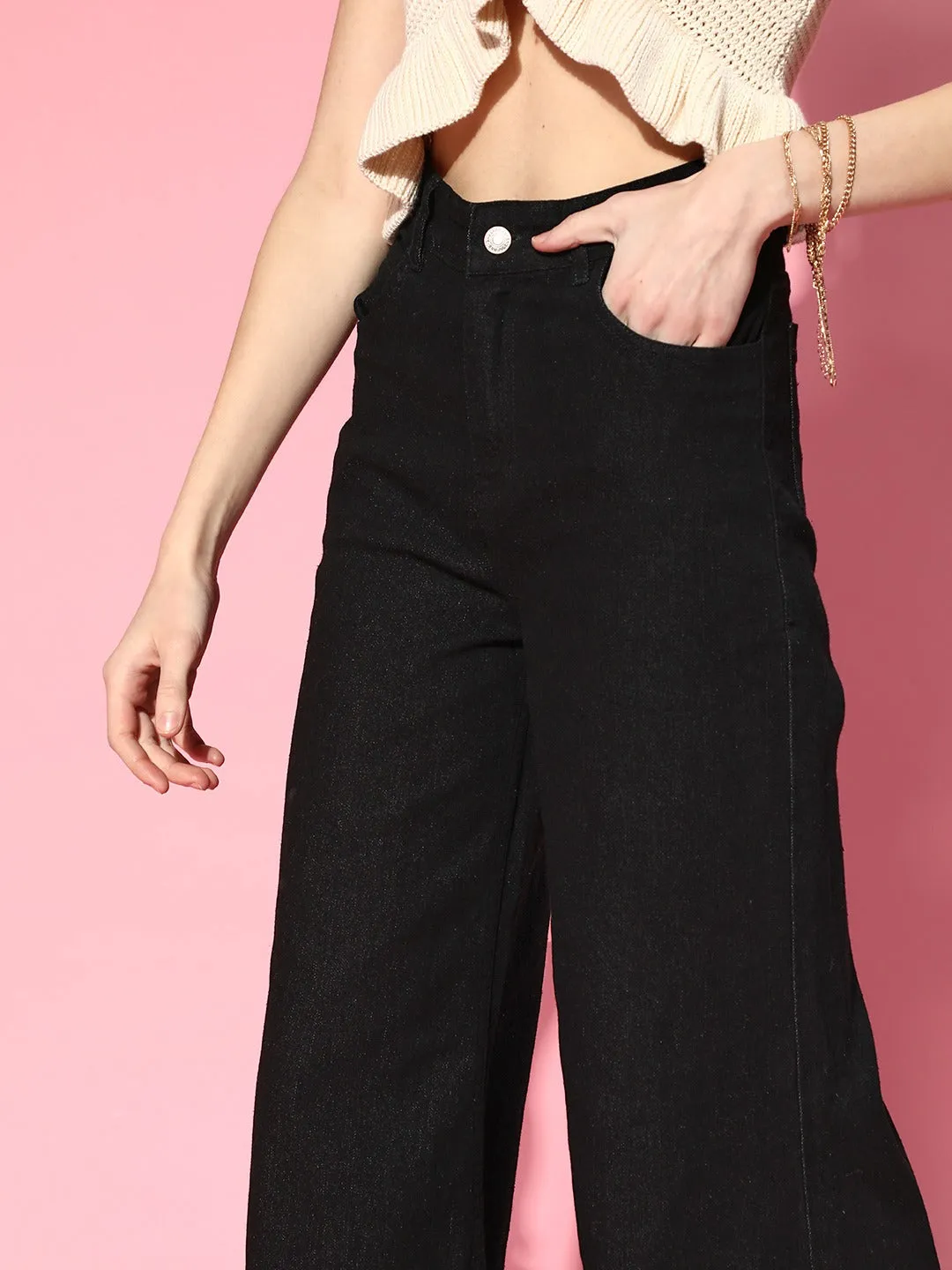 Women Black Wide Leg Flared Jeans