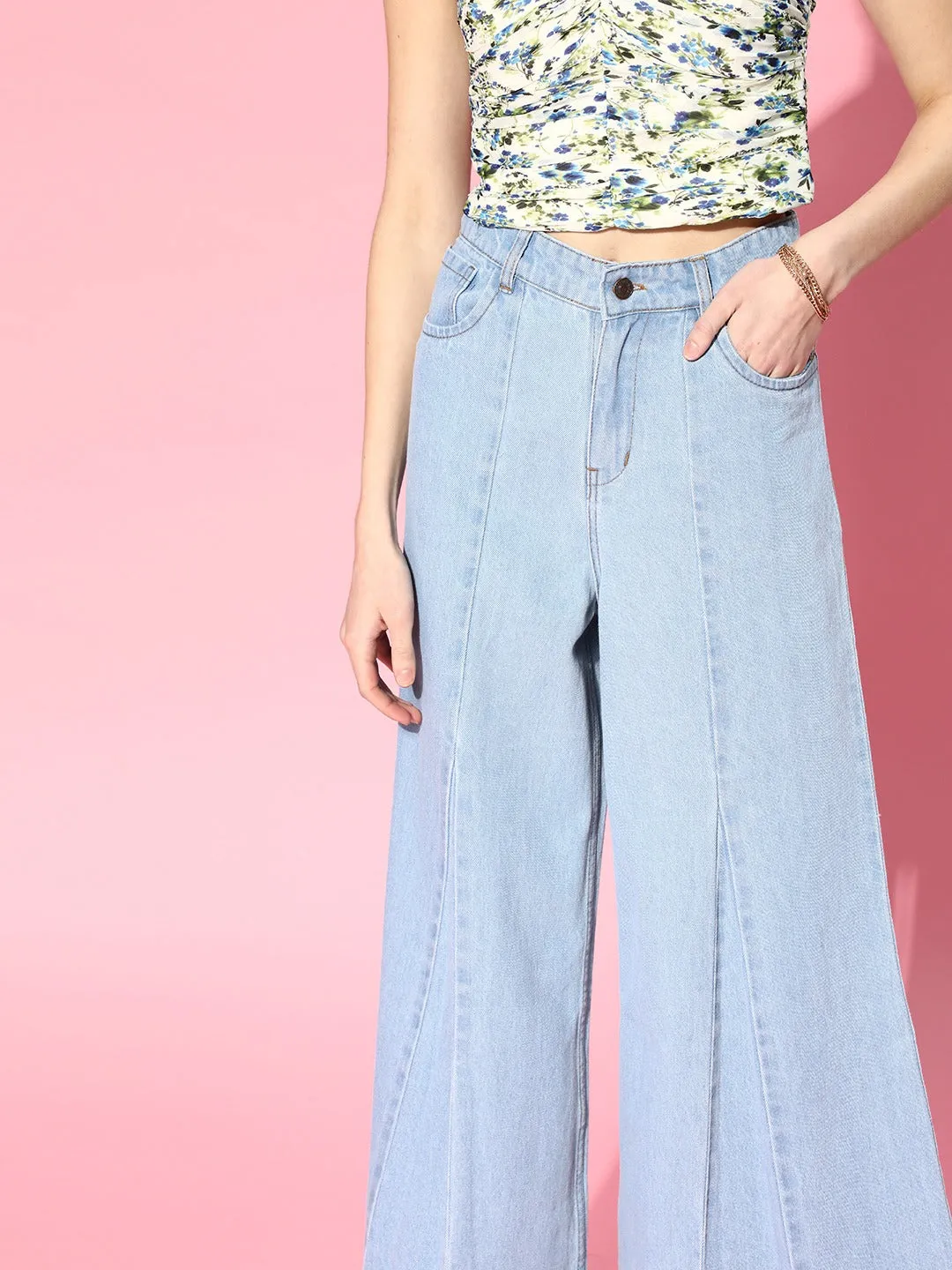 Women Ice Blue Front Pleat Flared Leg Jeans