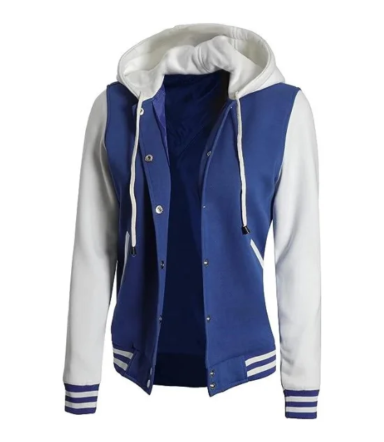 Women's Letterman Blue and White Varsity Jacket With Hood