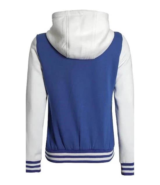 Women's Letterman Blue and White Varsity Jacket With Hood