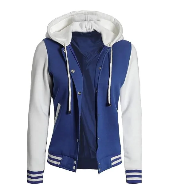 Women's Letterman Blue and White Varsity Jacket With Hood